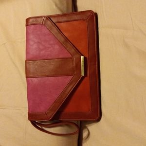 EUC Bijou America Trade Co. Clutch Purse, Faux Leather, Red & Pink, Gold Accents